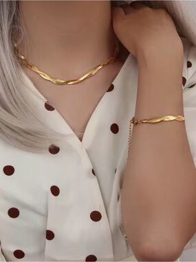 18K Gold Plated Braided New Herringbone Necklace Bracelets Set Stainless Steel